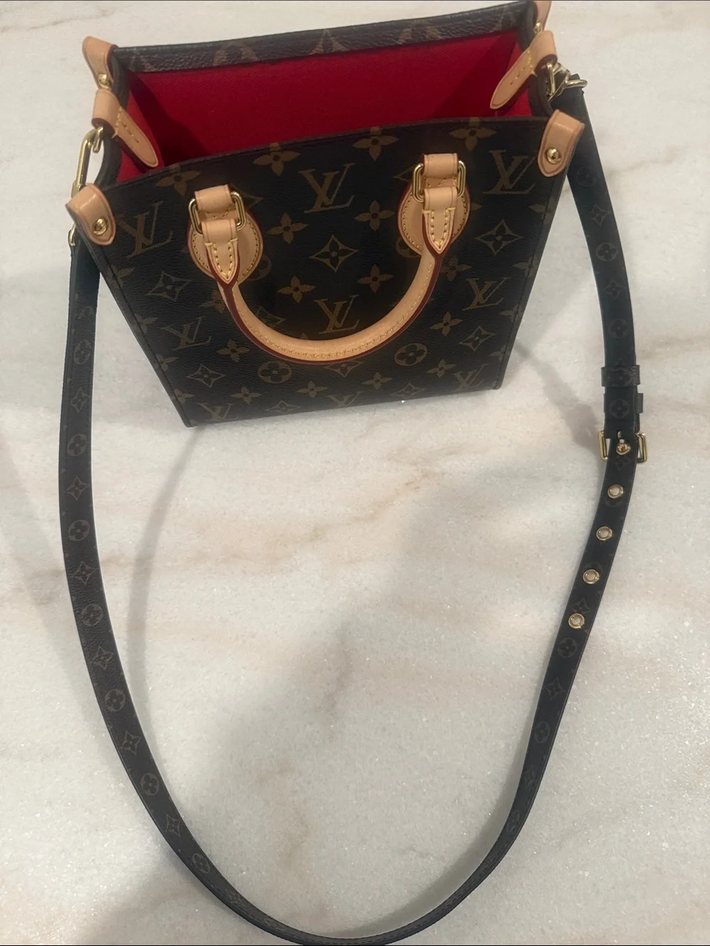 Louis Vuitton Monogram Satchel in Brown with Red Interior and Natural Vachetta